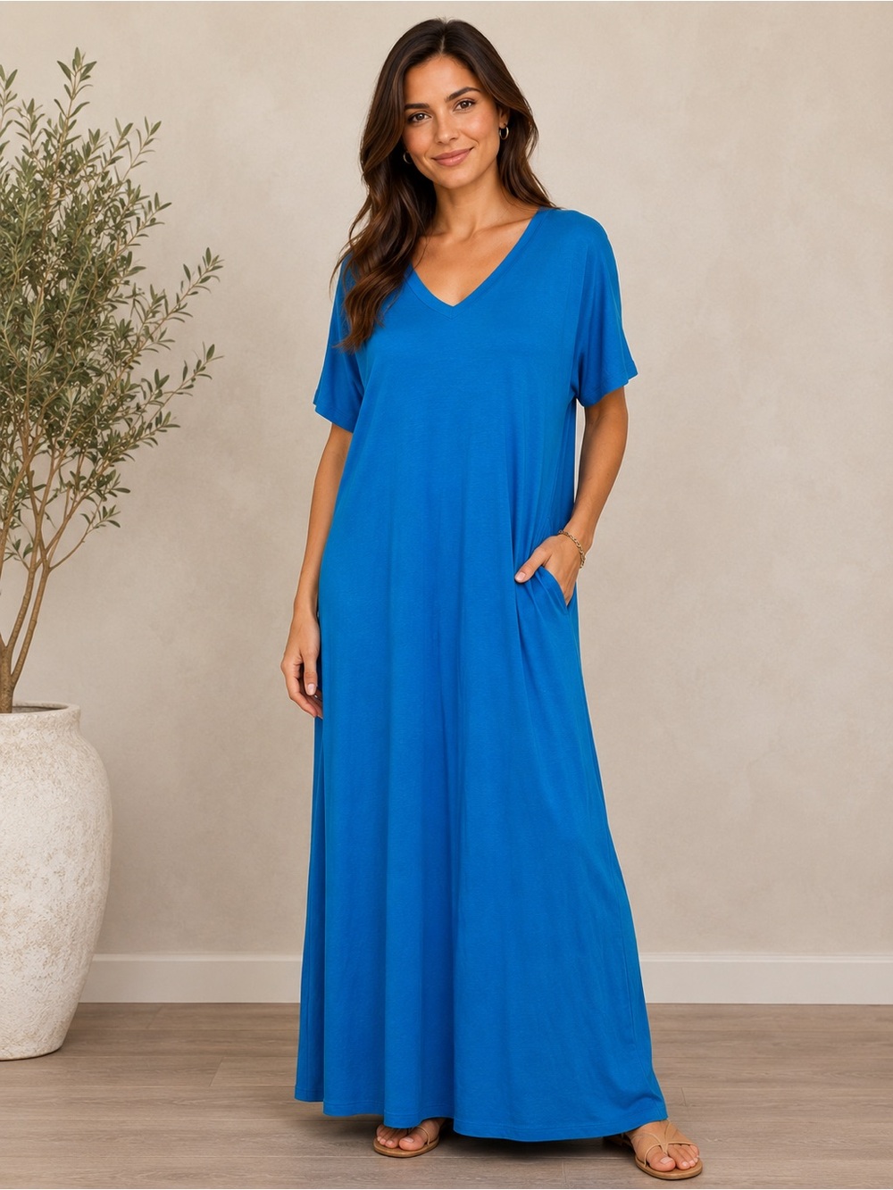 Arolina NWT V Neck Maxi Dress With Pockets Size Large Casual Flowy Dress